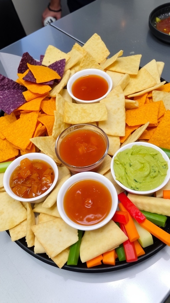 A snack chips tray with tortilla chips, potato chips, pita chips, and various dips like salsa and guacamole, surrounded by fresh vegetables.